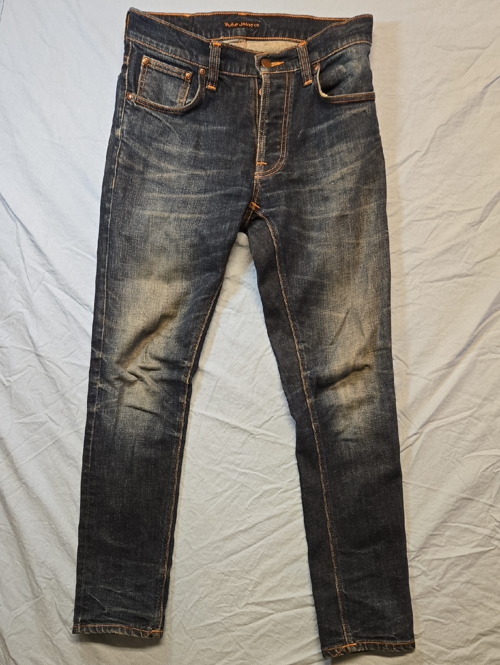 Nudie Jeans Co Grim Tim Faded Dark Navy Blue Twill Slim Tapered Fit Jeans